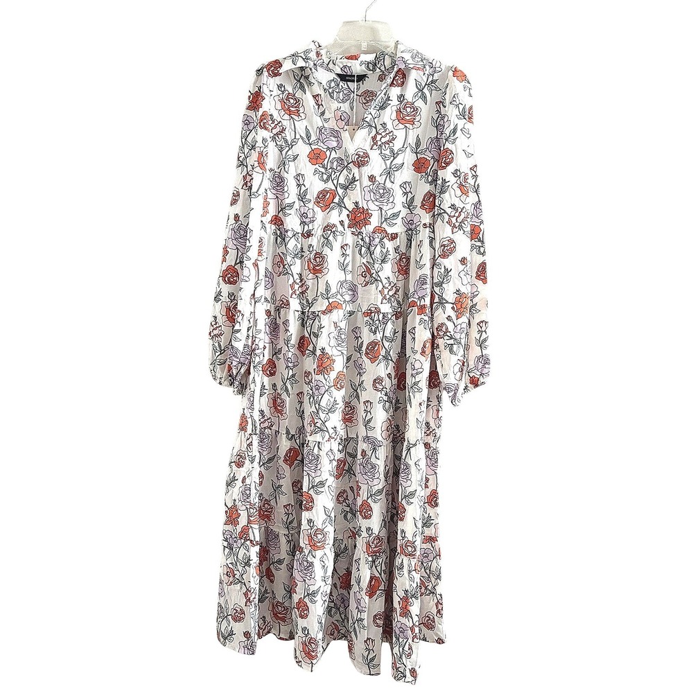Dokotoo Womens MEDIUM Floral Rose Tiered Midi Dress V-Neck Long Sleeve NWT